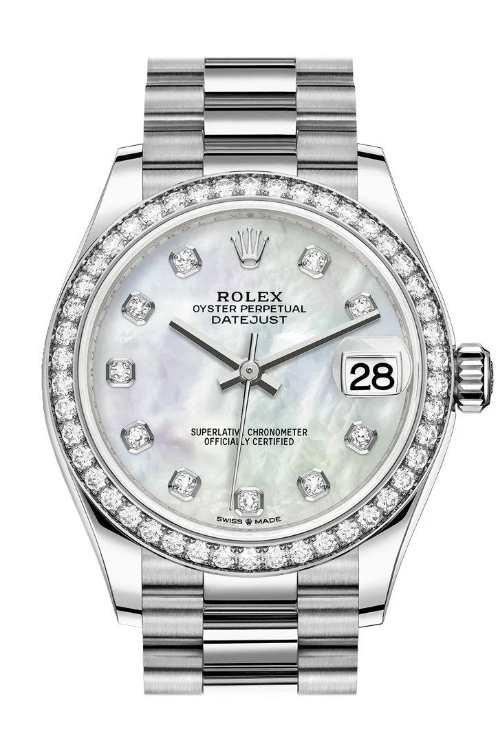 Datejust 31 White mother-of-pearl Diamond Dial Diamond Bezel 18K White Gold President Ladies Watch 278289RBR.