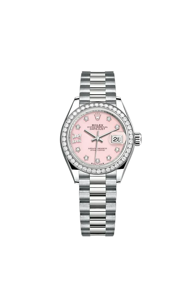 Rolex Lady Datejust 28 White Gold Pink Opal Diamond IX Dial & Diamond Bezel President Bracelet 279139RBR - BRAND NEW